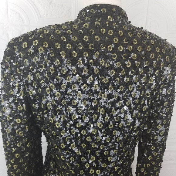 Black Sequin Beaded Evening Jacket Sequin Cocktail Blazer Gold Flower Accents S - Picture 7 of 9